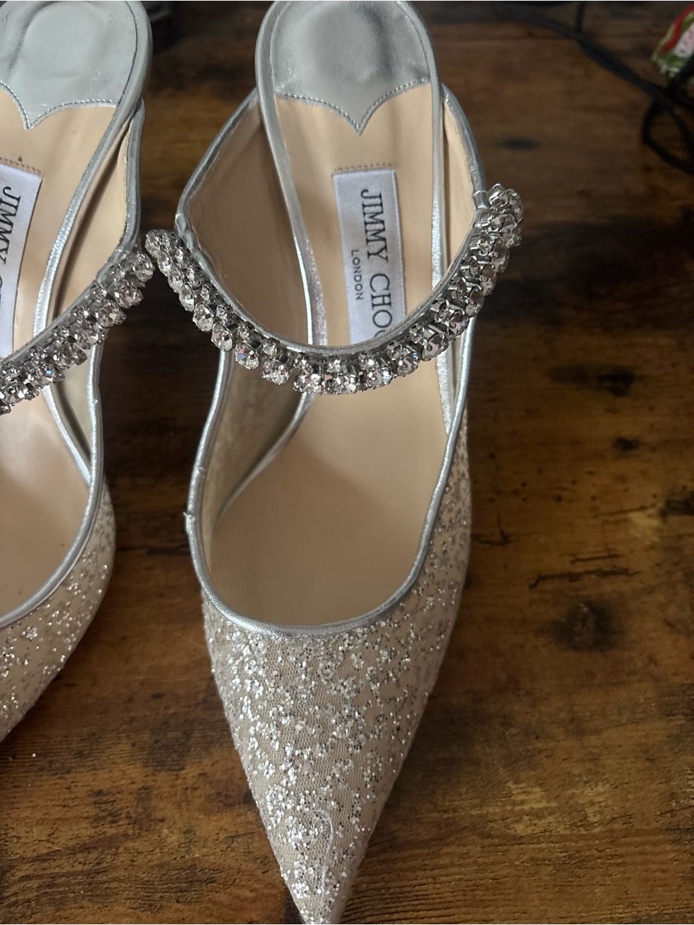 Jimmy Choo Silver Crystal-Strap Pointed Glitter Pumps